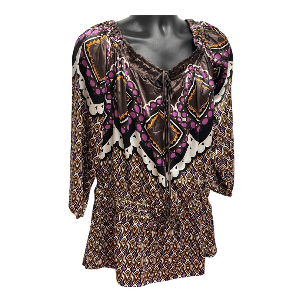 Bill Blass Geometric Print Blouse XL – Brown Purple Boho Peasant Top Tie Neck